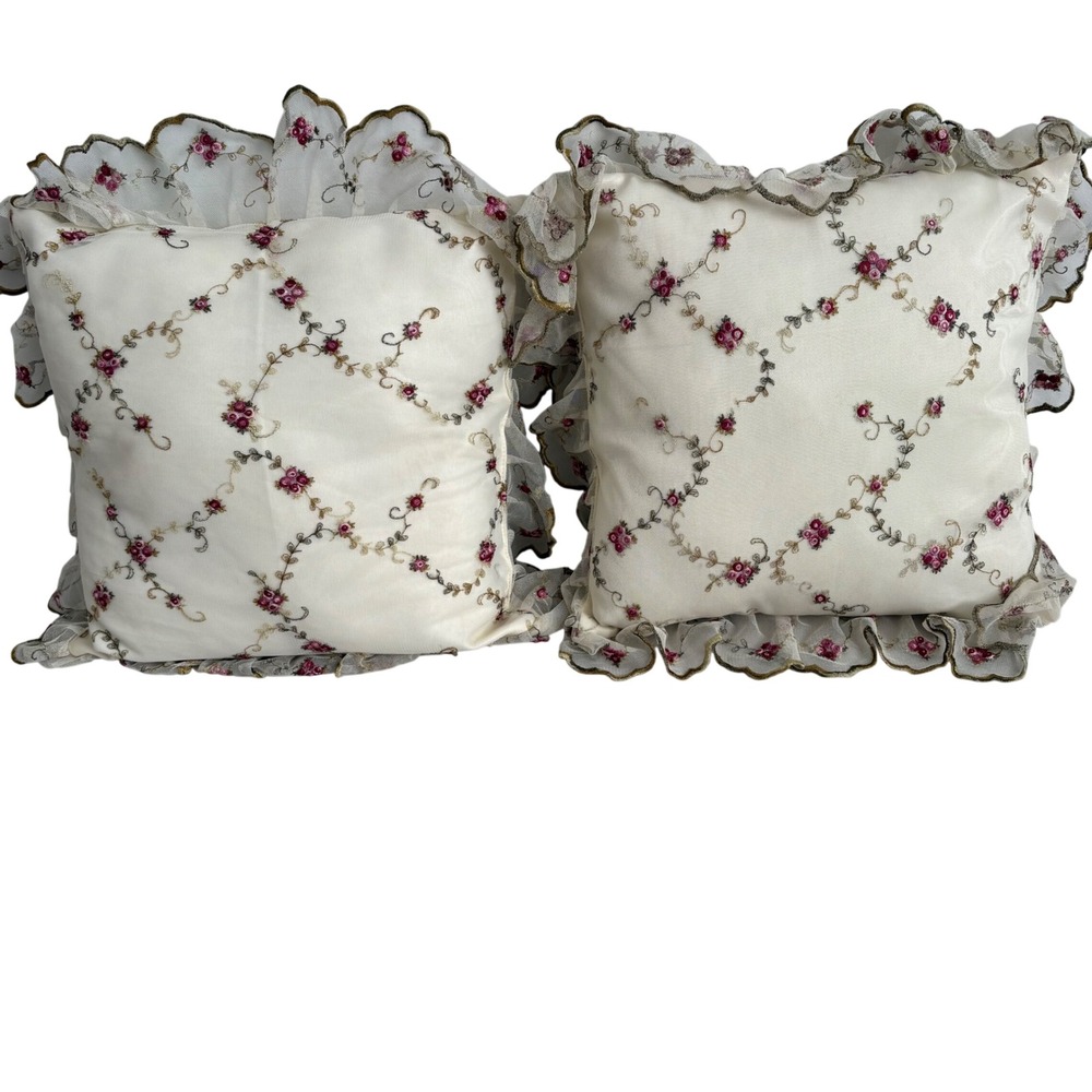 Set of 2 Floral Embroidered Ruffle Throw Pillows 14x14 Ivory Pink Cottagecore